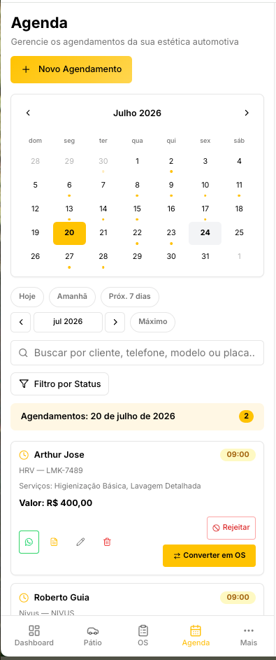 Tela de agenda do Órbita com horários e serviços marcados