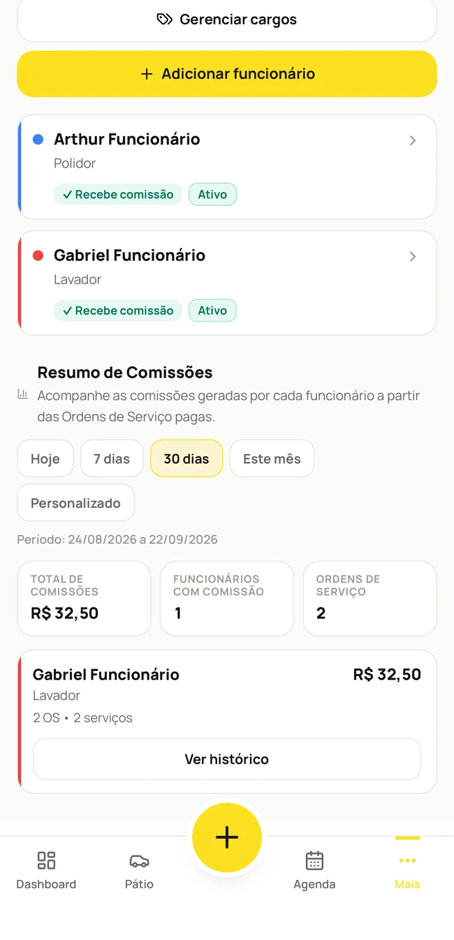 Tela de resumo de comissões por funcionário no Órbita