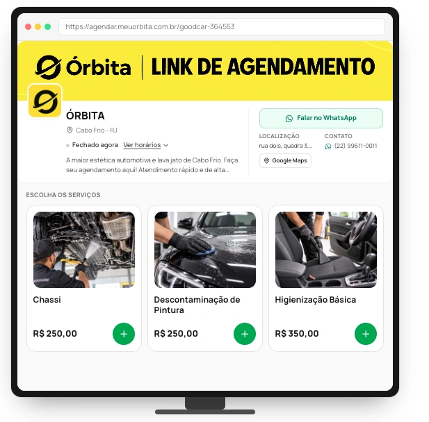 Página do link de agendamento do Órbita, com serviços, fotos e preços para o cliente escolher