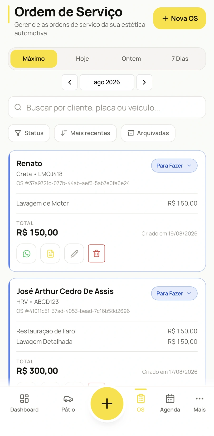 Tela de Ordem de Serviço do Órbita com cliente, veículo, serviços, valores e fotos