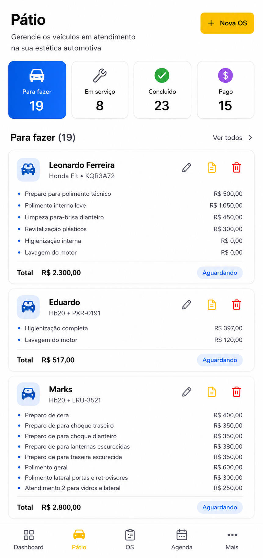 Tela do Órbita mostrando o status dos veículos no pátio