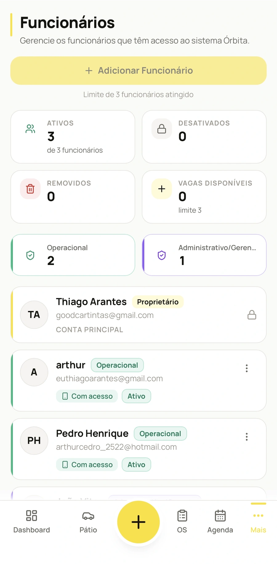 Tela de funcionários e permissões de acesso no Órbita